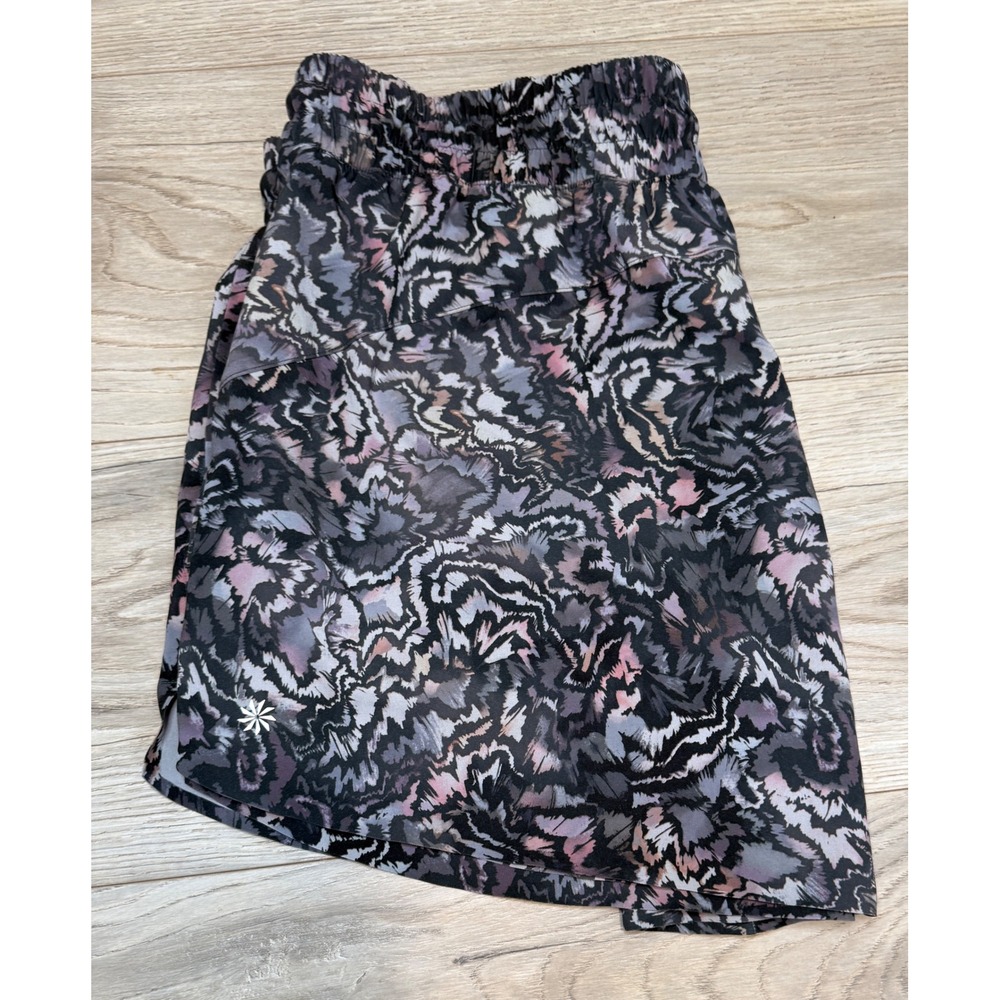 Athleta Womens Grey Pink Abstract Print Mesh Lined Running Shorts Size Large
